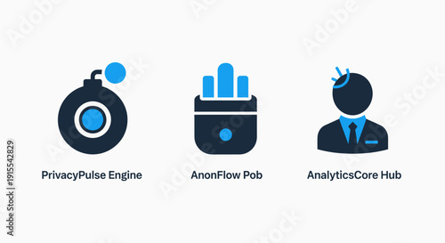 Creative Technology Icons for Privacy, Anonymous Data Flow, and Analytics Core Hub Concepts in a Modern Digital Environment