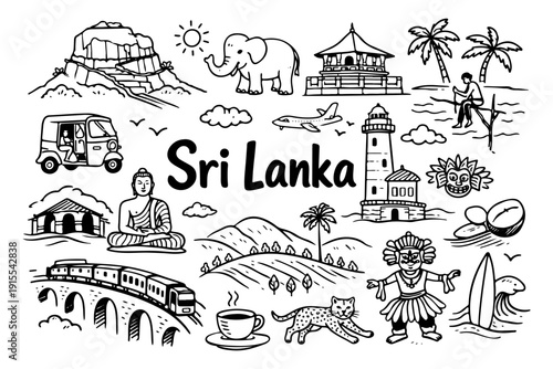 Hand drawn doodle set of Sri Lanka travel landmarks and traditional culture icons