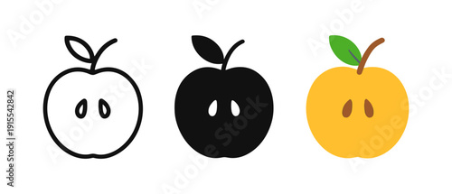 Flat apple icons in black, white, and color with minimalistic design