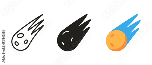 Dynamic comet trio: outline, solid, and colorful designs for cosmic themes