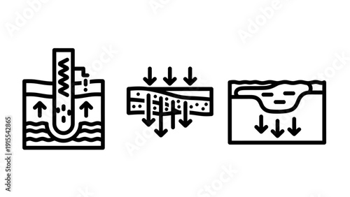 Scientific Process and Material Interaction Icons Illustrating Penetration, Absorption, and Layered Surface Effects