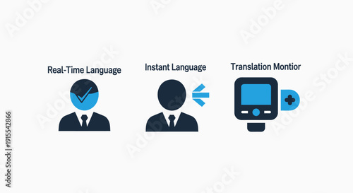 Digital Language Communication Icons Featuring Real-Time Language Processing, Instant Speech, and Translation Monitoring Tools