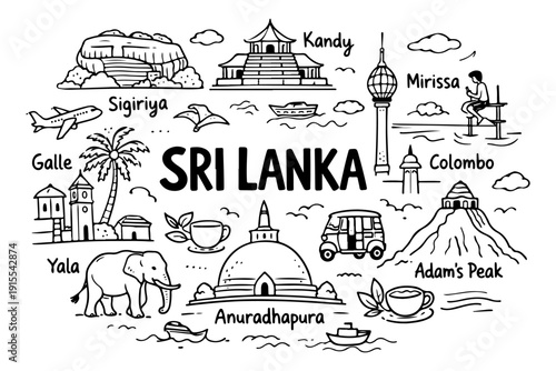 Hand drawn doodle set of Sri Lanka travel landmarks and traditional culture icons