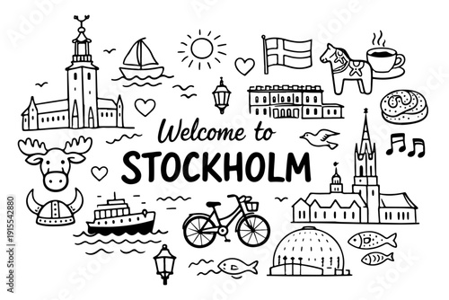Hand drawn doodle set of Stockholm travel landmarks and Swedish culture symbols