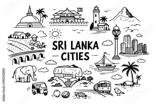 Hand drawn doodle set of Sri Lanka travel landmarks and traditional culture icons