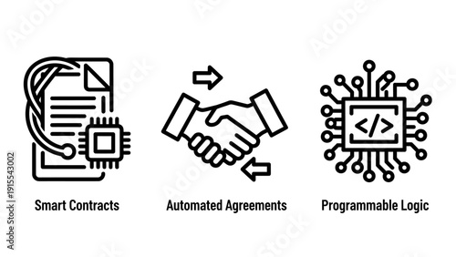 Smart Contracts and Automated Agreements outline icons, representing programmable logic, blockchain technology, and digital transactions for secure business processes.