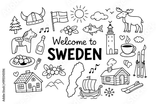 Sweden Travel and Culture Symbols Collection, Hand Drawn Doodle Style Vector