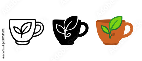 Set of tea cups with leaf design in outline, solid, and flat style