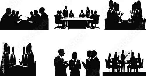 Business meetings and presentations in silhouette