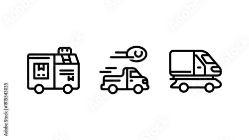 Fast Logistics and Delivery Services outline icons, representing efficient transportation of goods with trucks and vans, symbolizing shipping and supply chain.