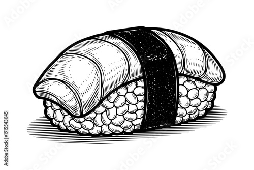 Vintage hand drawn sushi nigiri with salmon in detailed engraving style