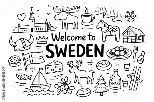 Sweden Travel and Culture Symbols Collection, Hand Drawn Doodle Style Vector