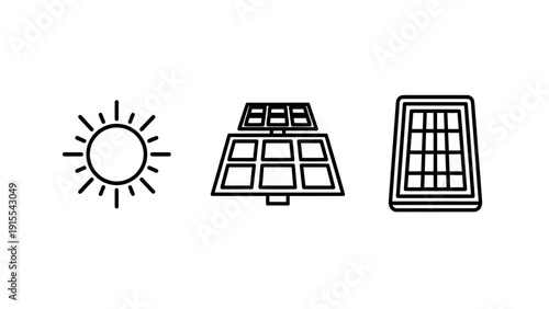 Solar Energy Panels and Renewable Power Generation outline icons, depicting sustainable technology for clean electricity and environmental solutions.