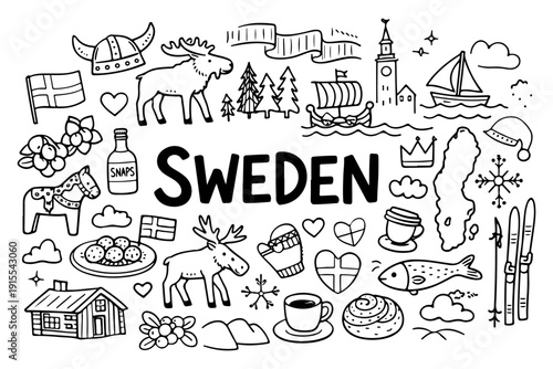Sweden Travel and Culture Symbols Collection, Hand Drawn Doodle Style Vector