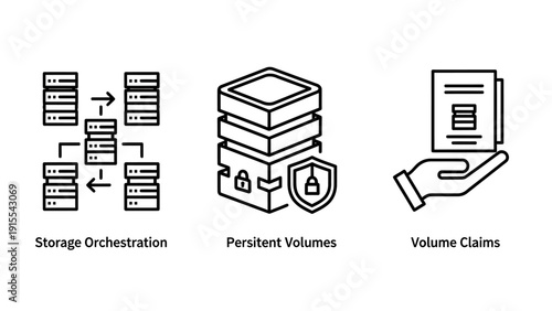 Cloud Storage Orchestration, Persistent Volumes, and Data Management Solutions outline icons, representing secure IT infrastructure and data claims.