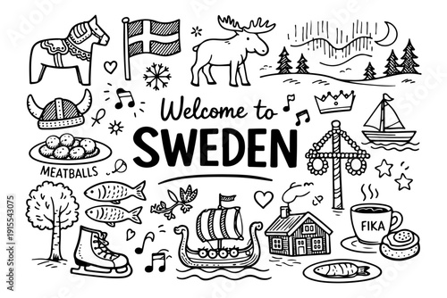 Sweden Travel and Culture Symbols Collection, Hand Drawn Doodle Style Vector