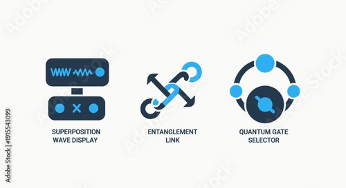 Quantum computing and physics icons featuring superposition wave display, entanglement link, and quantum gate selector in a modern blue and black style for scientific topics.