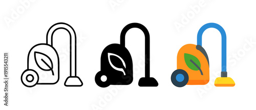 Eco-friendly vacuum cleaner icons set: line, solid, and colorful designs