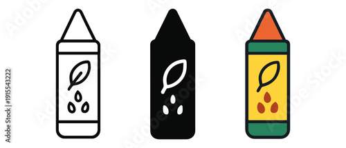 Colorful crayons with leaf design in outline, solid, and color styles