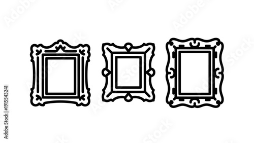 Elegant Set of Three Ornate Vintage-Style Picture Frames in Black Line Art, Perfect for Decorative Design Elements and Artistic Presentations