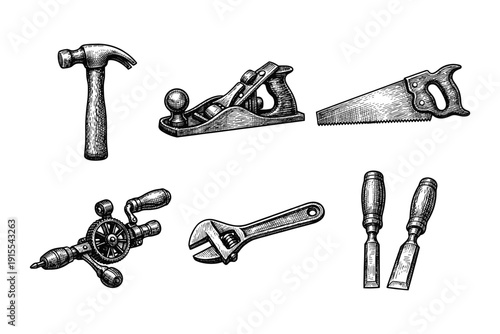 Vintage Engraving Style Hand Tools Collection, Retro Woodcut Vector Illustration