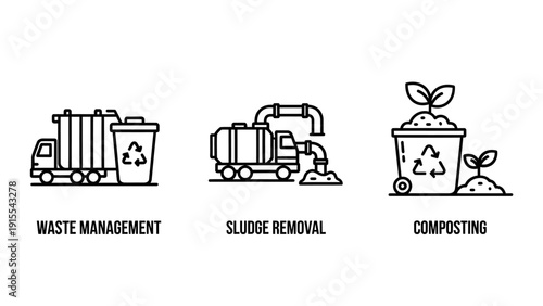 Essential Line Art Icons for Waste Management, Sludge Removal, and Composting, Highlighting Environmental Sustainability and Recycling Efforts