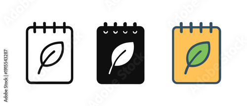 Eco-friendly notebook icons: minimal, dark, and color variations