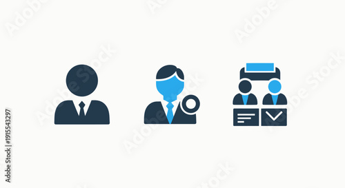 Modern Business User Profile Icons Set: Add New Employee, Team Management, and HR Selection Concept Vector Illustration in Dark Blue and Light Blue Colors.