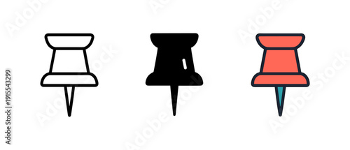 Trio of push pins in outline, silhouette, and colorful styles
