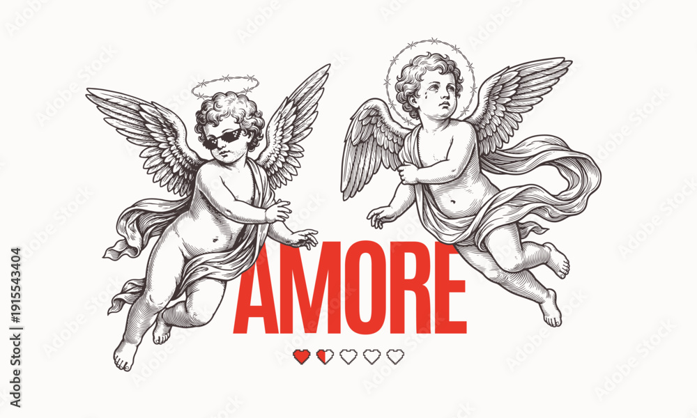Fototapeta premium Two flying cherubs in vintage engraving style with AMORE text, modern tattoo aesthetic