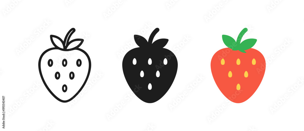Fototapeta premium Set of strawberry icons: outline, silhouette, and colorful design