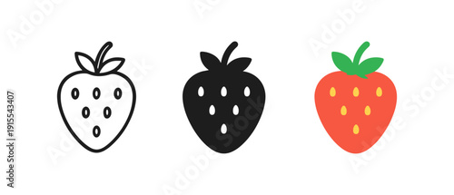Set of strawberry icons: outline, silhouette, and colorful design
