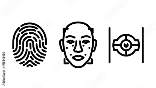 Line icons illustrating modern biometric security systems: fingerprint scanning, facial recognition, and iris or eye scan for data protection and access.