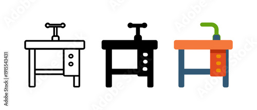 Minimalist workbench icons in outline, solid, and color variants