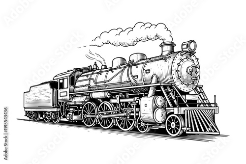 Vintage Engraving Style Steam Locomotive, Detailed Woodcut Antique Train Vector Illustration