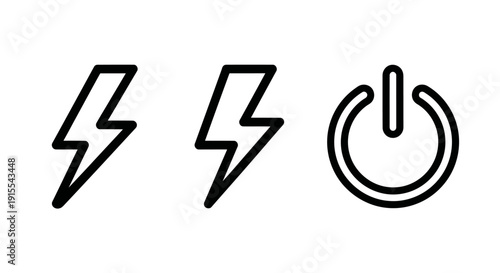 Minimalist line art icons depicting power, energy, and system controls: lightning bolts for electricity and a universal on/off button for technology.