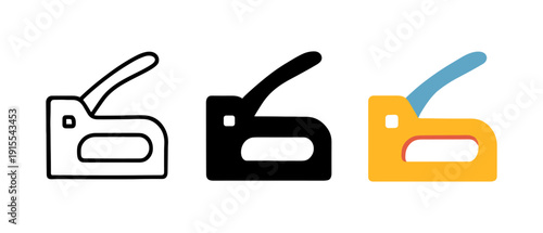 Office staple gun icons set in linear, solid, and colorful styles