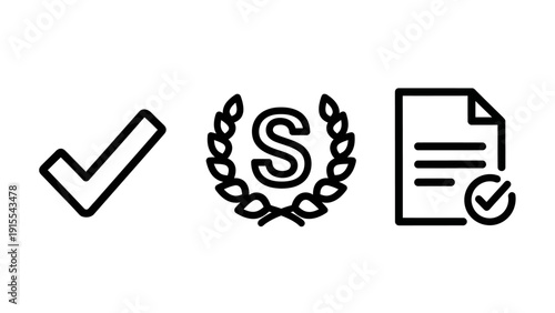 Premium quality and validation icons, featuring a checkmark, a laurel wreath for excellence, and a verified document, signifying success and achievement.