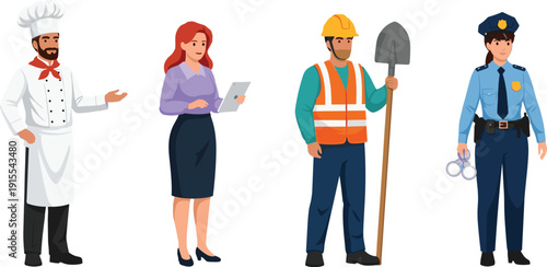 Professional characters set featuring chef, business woman, construction worker, and police officer in flat vector illustration style, isolated on white