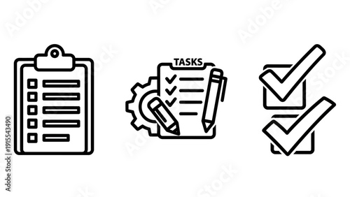 Task management and to-do list icons, including a clipboard, task planning with gears, and double checkmarks for completion, ideal for productivity apps.