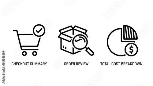 E-commerce checkout process icons depicting order review, total cost breakdown, and successful purchase summary for online shopping applications.