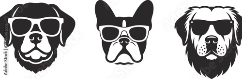 Set of three cool dog head silhouettes wearing sunglasses, French Bulldog, Labrador, and Golden Retriever vector icons isolated on white.