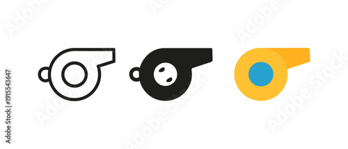 Minimalist whistle icon set: outline, filled, and flat designs for sport themes