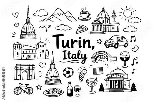 Turin Italy Travel Landmarks and Culture Icons, Hand Drawn Doodle Style Vector Collection