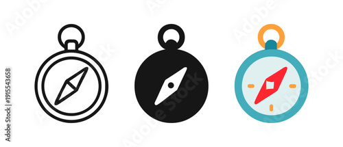 Minimalist and colorful compass designs in three styles for navigation