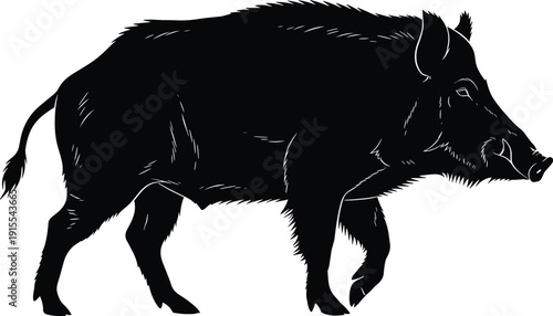 Black wild boar silhouette isolated on white background, powerful forest animal profile for hunting, wildlife conservation, and nature graphic design (20 words)