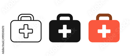 First aid kit icons in minimalistic, silhouette, and flat designs