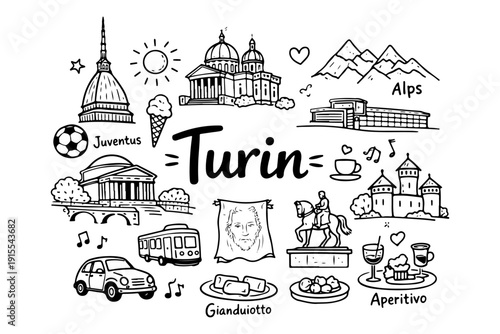 Turin Italy Travel Landmarks and Culture Icons, Hand Drawn Doodle Style Vector Collection