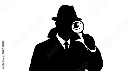 Silhouette of a detective examining with a magnifying glass.