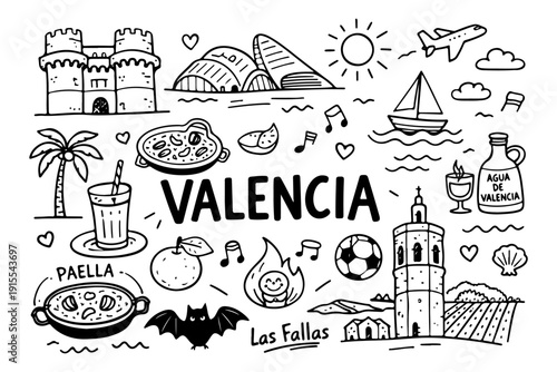 Valencia Spain Travel Landmarks and Culture Icons, Hand Drawn Doodle Style VectorValencia Spain Travel Landmarks and Culture Icons, Hand Drawn Doodle Style Vector